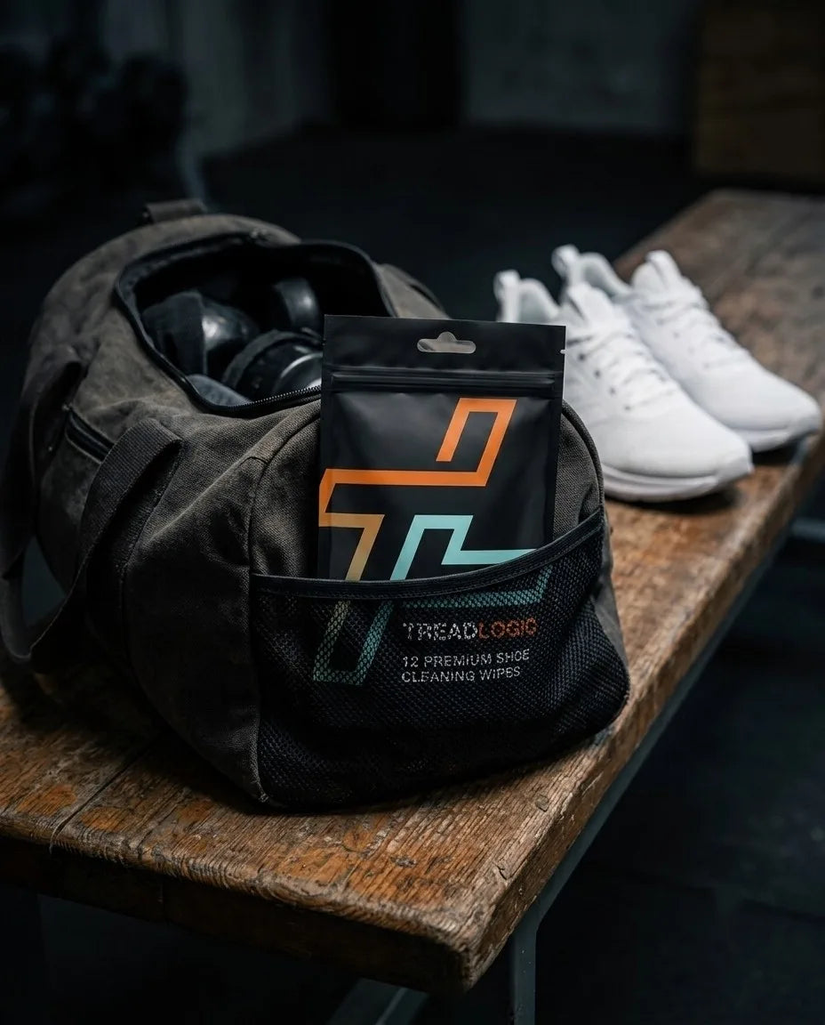 Tread Logic shoe cleaning wipes pouch in a gym bag side pocket beside clean white sneakers