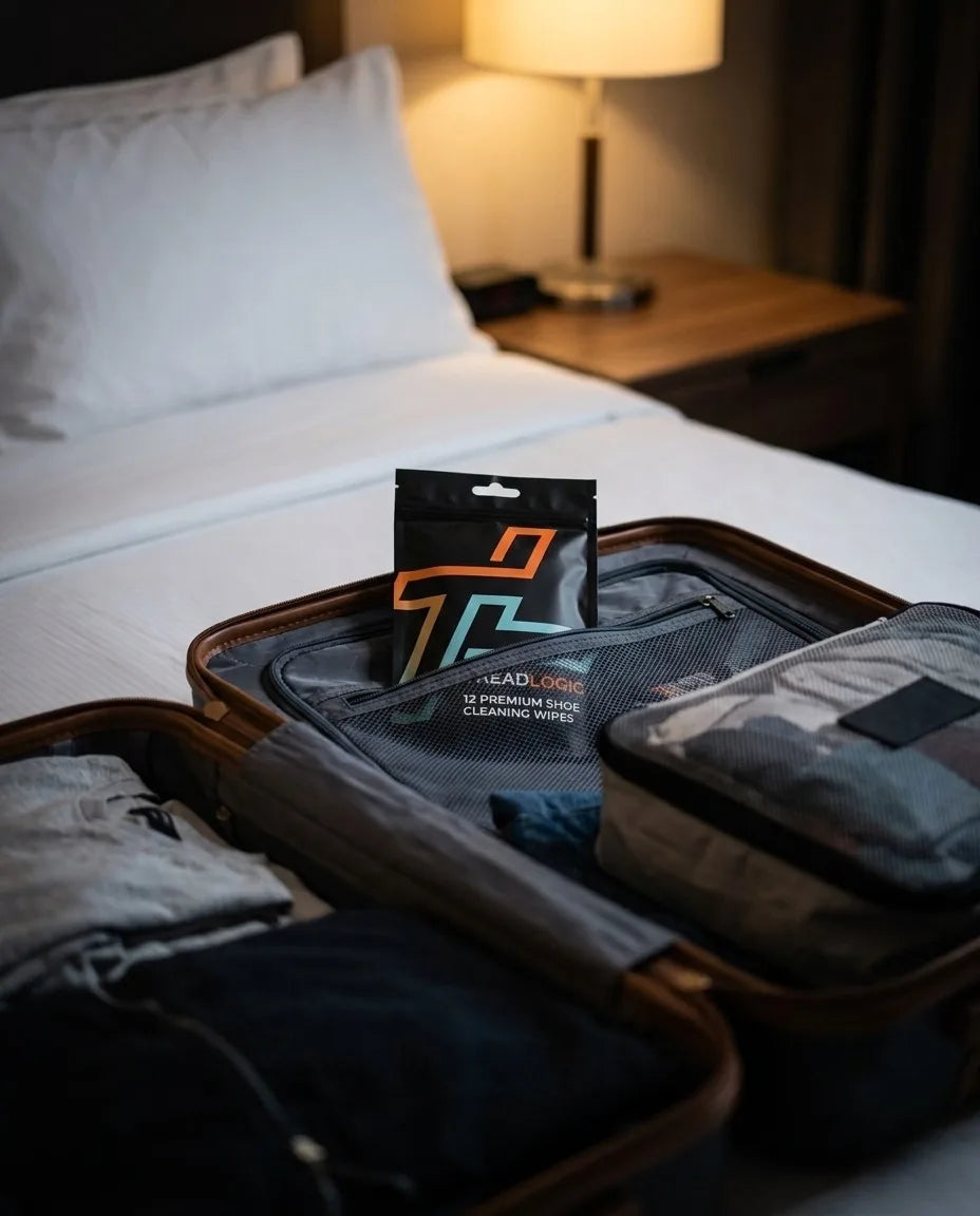 Tread Logic shoe cleaning wipes packed in an open carry-on suitcase on a hotel bed