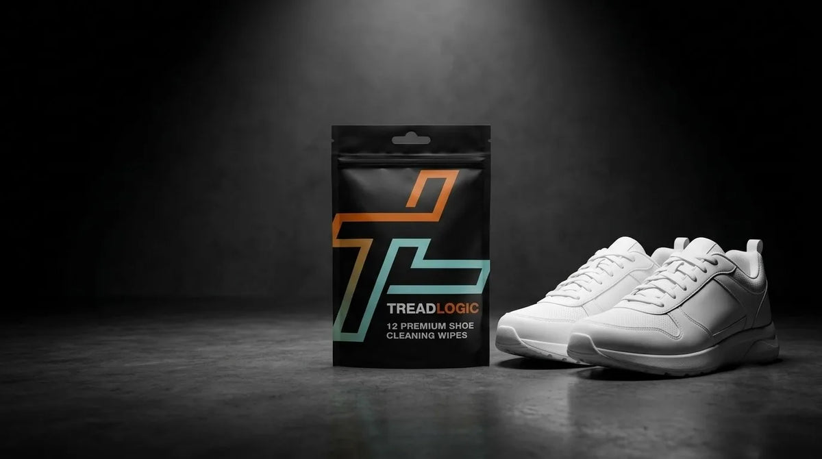 Tread Logic pouch and clean white sneakers on dark concrete — premium shoe cleaning wipes
