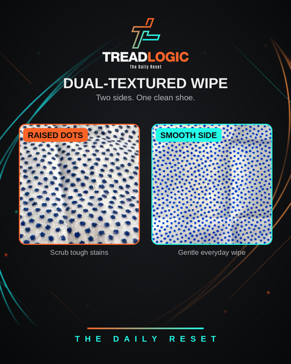 Dual-textured sneaker cleaning wipe — smooth side for uppers, raised-dot side for scuffs and midsoles